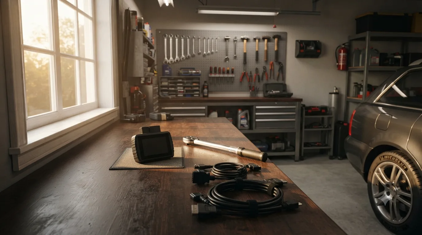 A tidy home garage workbench with a handheld OBD2 scanner, a torque wrench and coiled cables laid out, late afternoon light through a side window and a car parked alongside.