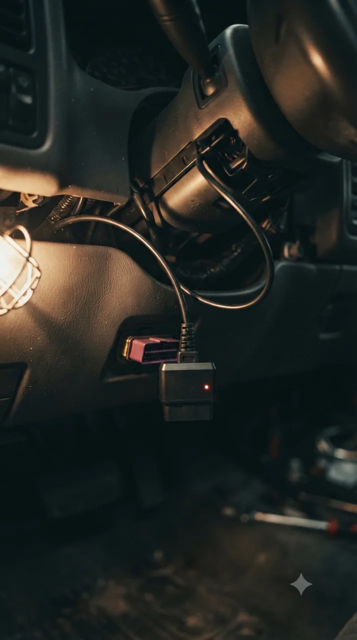A handheld OBD2 scanner plugged into the port under a car's dashboard, its screen lit while diagnostics run.